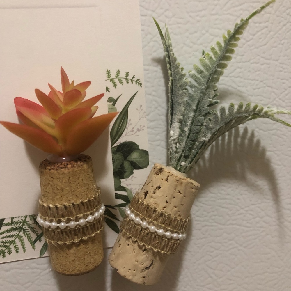 Wine cork magnets with succulent decorations